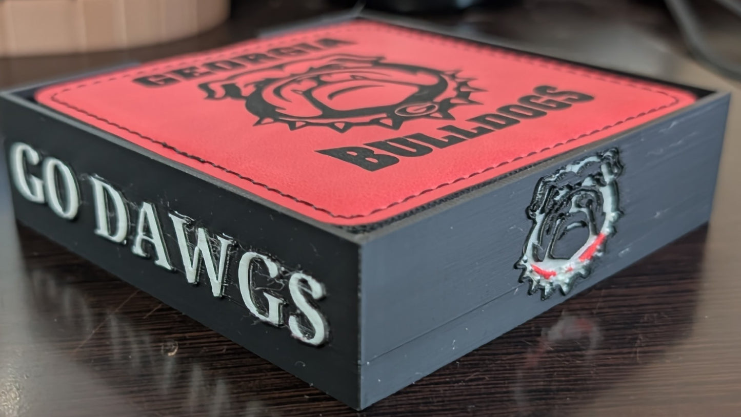 Custom Engraved Coaster Set with 3D Printed Holder (Slate - Set of 4, Leather - Set of 6)