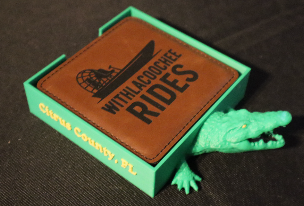 Custom Engraved Coaster Set with 3D Printed Holder (Slate - Set of 4, Leather - Set of 6)